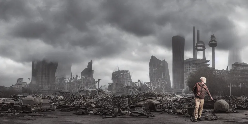 Prompt: a color photograph of Boris Johnson standing in front a nuclear landscape of the southbank centre in london, the london eye and big ben are still standing, collapsed brutalist architecture, groups of human figures stagger amongst the ruins, fog, dust atmosphere, brooding clouds, mushroom cloud, detailed, 4k, Fallout, postapocalyptic