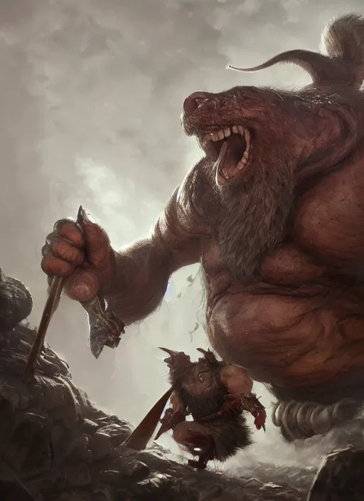 Image similar to a rat ogre choking a dwarf, warhammer, ultra detailed, fantasy, dramatic lighting, trending on artstation, award - winning, artgerm and greg rutkowski, 8 k