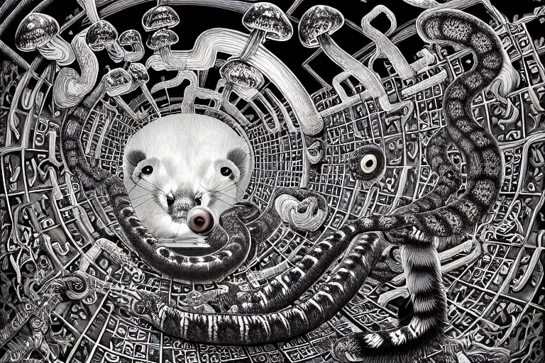 Image similar to a detailed digital art painting of a cell shaded cyberpunk ornate magick oni aztec ferret with occult futuristic effigy of a beautiful field of mushrooms that is a adorable lemur atomic latent snakes in between lizard biomorphic molecular psychedelic hallucinations in the style of escher, alex grey, stephen gammell inspired by realism, symbolism, magical realism and dark fantasy, crisp