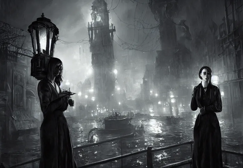 Image similar to painting of the figure a female investigator in a lovecraftian arkham city scenery, 1 9 2 0 cars, high contrast, concept art, dramatic lighting, digital art, 8 k, arkham city, call of cthulhu, extremely detailed, drawn by ruan jia