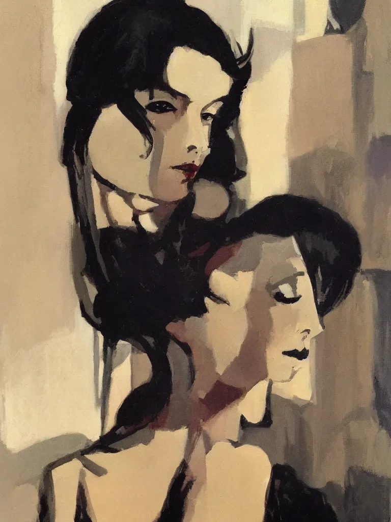 Image similar to portrait profile of one mysterious dark beautiful women in 1 9 7 8, oil painting by john watkiss