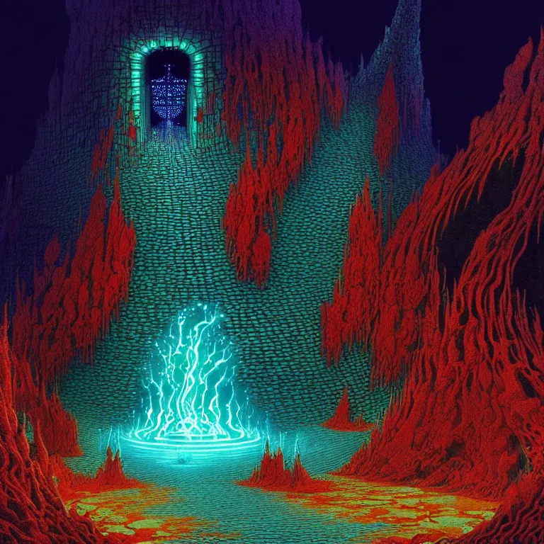 Image similar to the kiln of the first flame from dark souls 3, infinite fractal tesseract, quantum waves, synthwave, bright neon colors, highly detailed, cinematic, eyvind earle, tim white, philippe druillet, roger dean, ernst haeckel, lisa frank, aubrey beardsley, kubrick