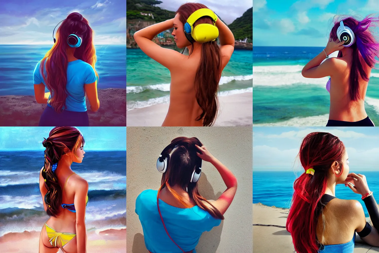 Prompt: back view of a beautiful woman with long hair and a confident expression looking at the sea, wearing headphones, vivid colors, art by Artgerm and Marco Bucci