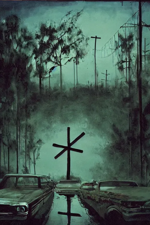 Image similar to scene fromlouisiana swamps, old protestant church with neon cross, junkyard by the road, boy scout troop, voodoo artwork by tim eitel