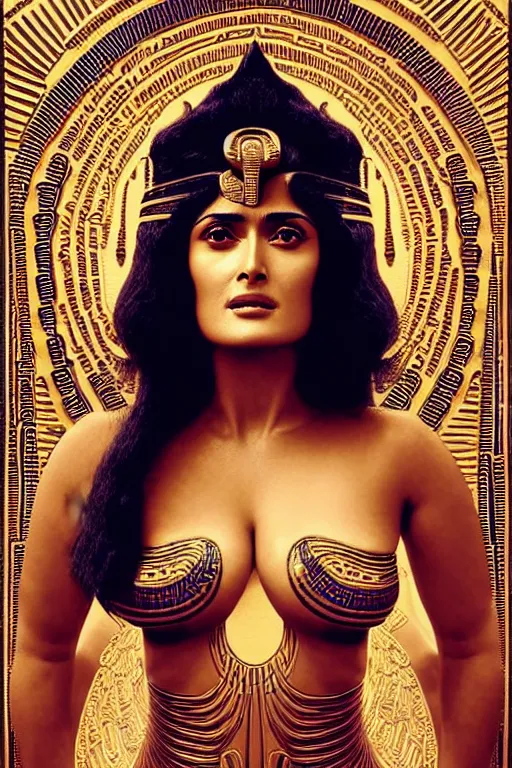 Image similar to Portrait of Salma Hayek as Cleopatra, intricate art deco leaf designs, elegant, highly detailed Egyptian patterns, hieroglyph, sharp focus, art by Artgerm and beeple