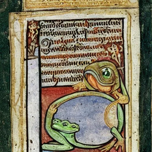 Prompt: medieval illustration of a frog practicing alchemy, illuminated manuscript -n 8