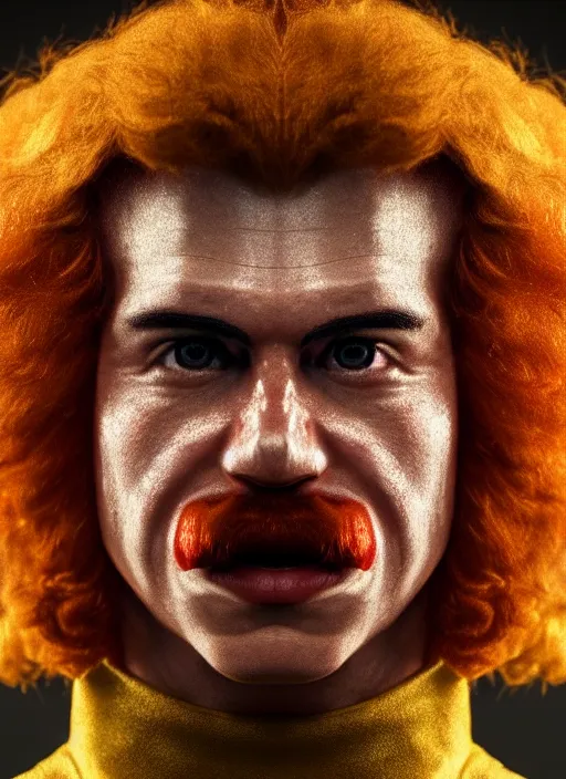 Image similar to portrait of Pedro Sanchez as Ronald McDonald, perfect facial symmetry + dim volumetric lighting, 8k octane beautifully detailed render, post-processing, extremely hyperdetailed, intricate, epic composition, grim yet sparkling atmosphere, cinematic lighting + masterpiece, trending on artstation