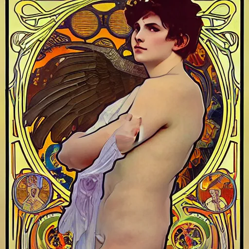 Prompt: ultra realistic illustration of thirteen year old winged boy angel, full body, male body, elegant study, art nouveau poster by alphonse mucha