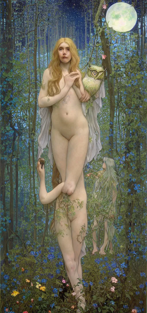 Image similar to painterly dreamy Kupala Night in the blue forest with trees which have eyes, giant flowers, glowing owls, deers, women, lianas, thistles, giant fantasy creatures, a stream and sky with moon and stars by Alphonse Mucha, Alex Grey, Aron Wiesenfeld and Giger dark fantasy, witcher, very detailed oil painting in the alla prima style, masterpiece, 8k