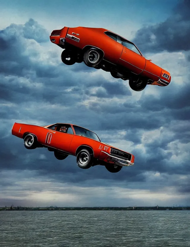 Prompt: the general lee car from dukes of hazzard jumping in the air over the garonne in bordeaux, matte painting, art, detailed, sharp focus, dramatic, cinematic, realistic, coherent,
