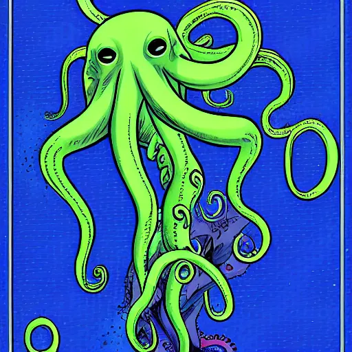 Prompt: comic book panel by jamie mckelvie of in frame cute cthulhu moving it's tentacles against a blue background, digital art