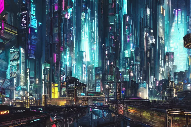 Prompt: a magnificent cyberpunk city. photorealism.