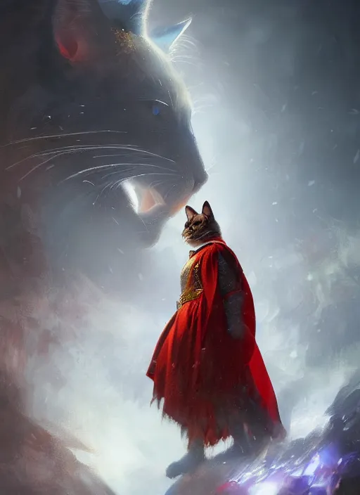 Image similar to side profile of a cat king wearing a crown and red cape, fantasy, digital painting, volumetric light, intricate, sharp, focus, bloom, illustration, highly detailed, concept art, matte, ruan jia, randy vargas, greg rutkowski