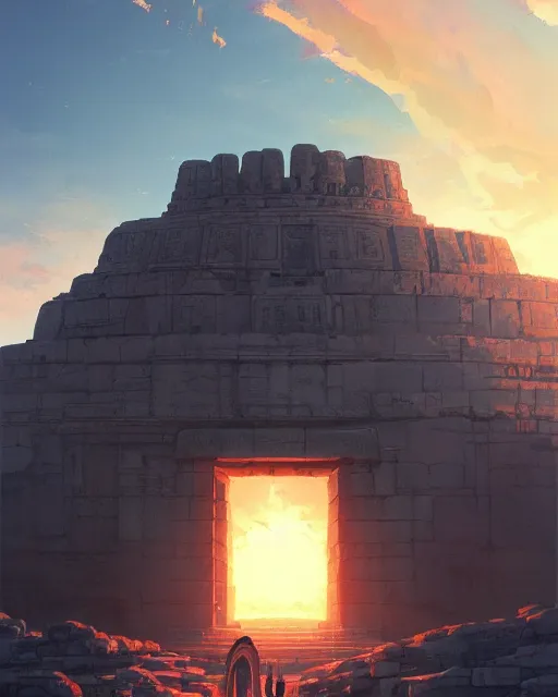 Prompt: a blazing geometric sun above a monolithic temple, detailed, cell shaded, 4 k, warm colours, concept art, by wlop, ilya kuvshinov, artgerm, krenz cushart, greg rutkowski, pixiv. cinematic dramatic atmosphere, sharp focus, volumetric lighting, cinematic lighting, studio quality