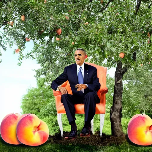 Prompt: obama on a chair standing on a peach tree