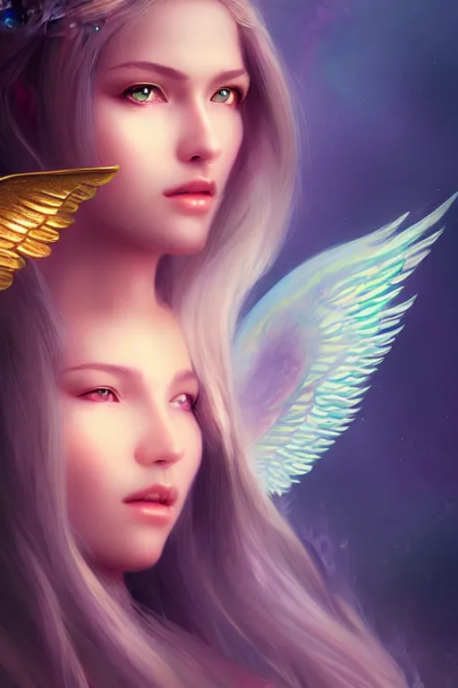 Prompt: Fantasy Mystical Beautiful Female Winged Guardian named Aurora, Highly Detailed Photorealistic, beautiful face, by NIXEU, by Việt Anh, by WLOP