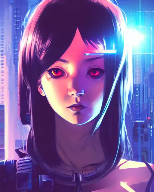 Image similar to a comic potrait of a cyberpunk cyborg girl with big and cute eyes, fine - face, realistic shaded perfect face, fine details. night setting. very anime style. realistic shaded lighting poster by ilya kuvshinov katsuhiro, magali villeneuve, artgerm, jeremy lipkin and michael garmash, rob rey and kentaro miura style, trending on art station