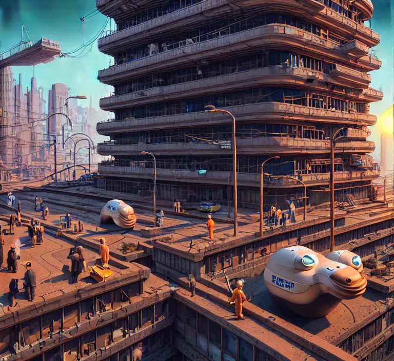 Image similar to hyperrealism photography hyperrealism concept art of highly detailed beavers builders that building highly detailed futuristic ( cyberpunk ) city by wes anderson and hasui kawase and scott listfield sci - fi style hyperrealism rendered in blender and octane render volumetric natural light