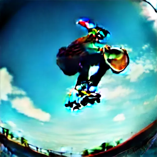 Prompt: award winning color photo of, Tony Hawk, skateboarding, doing a 900, in the 1986 vert contest, fisheye lens, detailed faces, detailed skateboard, 8k, balanced composition