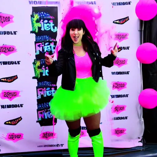 Image similar to Tiffany Day getting Nickelodeon slimed at Nickfest in a pink tutu and black boots