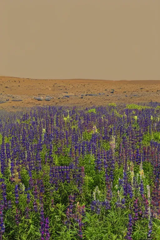 Image similar to Glade of lupins in the crater of Mars