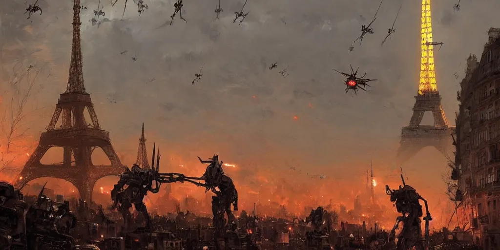 Image similar to war of the worlds, giant mech attack paris, human soldiers, eiffel tower! intense fighting, glowing lights!! digital painting, very detailed, art by jakub rozalski