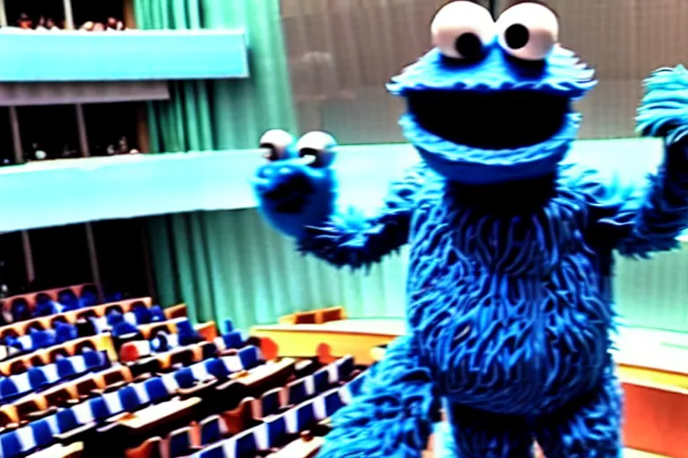 Image similar to Cookie Monster addressing the UN