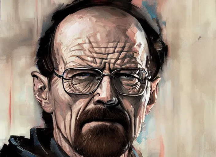 Prompt: a highly detailed beautiful portrait of walter white cyberpunk, by gregory manchess, james gurney, james jean