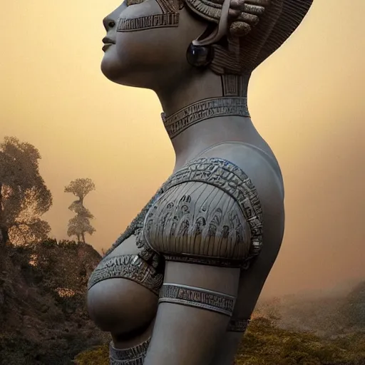 Prompt: A digital masterpiece illustration concept art of giant porcelain statue of a very beautiful Ancient egyptian princess its top in the heaven, beautiful eyes, symmetrical face, symmetrical body, taiga landscape + inspired art by mark brooks, peter kemp + Extremely detailed and intricate complexity + epic composition, magical atmosphere, cinematic lighting + wide long shot, wide angle + trending on artstation + 8k