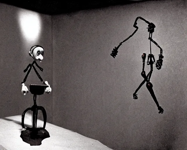 Image similar to still from a 1 9 9 3 surreal creepy live - action stop - motion puppetry film by fred stuhr in the style of a tool music - video, involving prison and clocks.