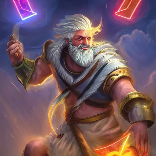 Prompt: Zeus with white beard and hair, lightning bolt in Zeus's hand, hearthstone art style, epic fantasy style art, fantasy epic digital art, epic fantasy card game art