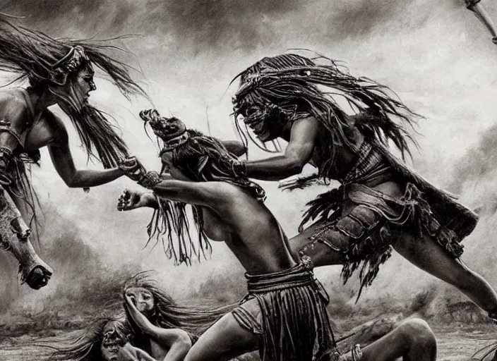 Image similar to movie, ancient Battlefield, beautiful aztec warrior females fight in air, epic, vintage, black and white, Boris vallejo, sepia, apocalypto