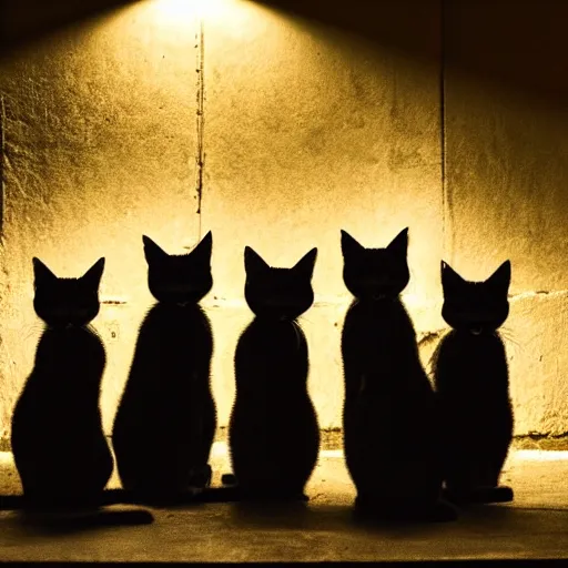 Prompt: photo of a group of stray cats watching tv in a dark alley, studio lighting moonlit