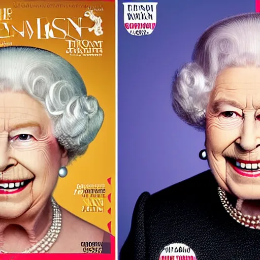 Prompt: the queen of england with toothbrush mustache in a magazine cover photo. highly detailed hair