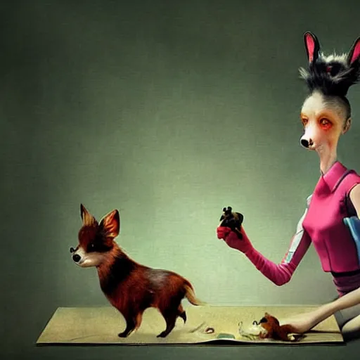 Prompt: a girl with a pet by ray caesar, colorful, hyper realistic, detailed, sharp focus