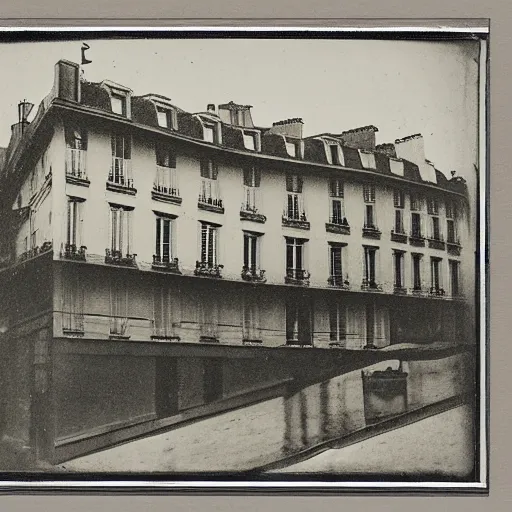 Image similar to 1830s daguerrotype, very early photograph, very grainy photo, 1833 photograph of Paris