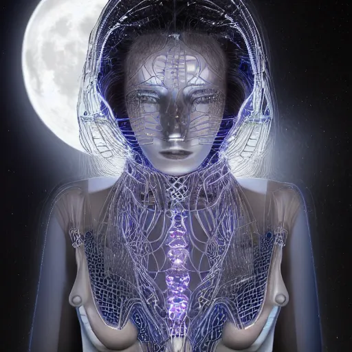 Image similar to woman integrating with technology, full face under a Full Moon, detailed intricate ornate cables connected to head, luscious thick hair, big open electric eyes, luxurious detailed abundent wiring and implants, sci-fi, neon, 8k ultra realistic night time photography of a mystical cosmic night, highly detailed, Rene Lalique and Eddie Mendoza