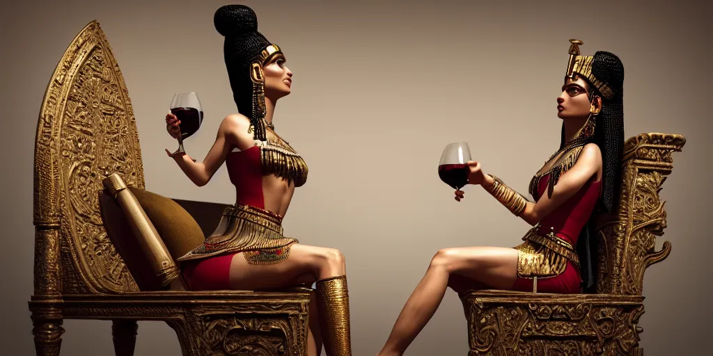 Image similar to detailed portrait of Cleopatra drinking wine on her throne, hyper-realistic, Unreal Engine, Octane Render, digital art, trending on Artstation, 8k, detailed, atmospheric, immaculate