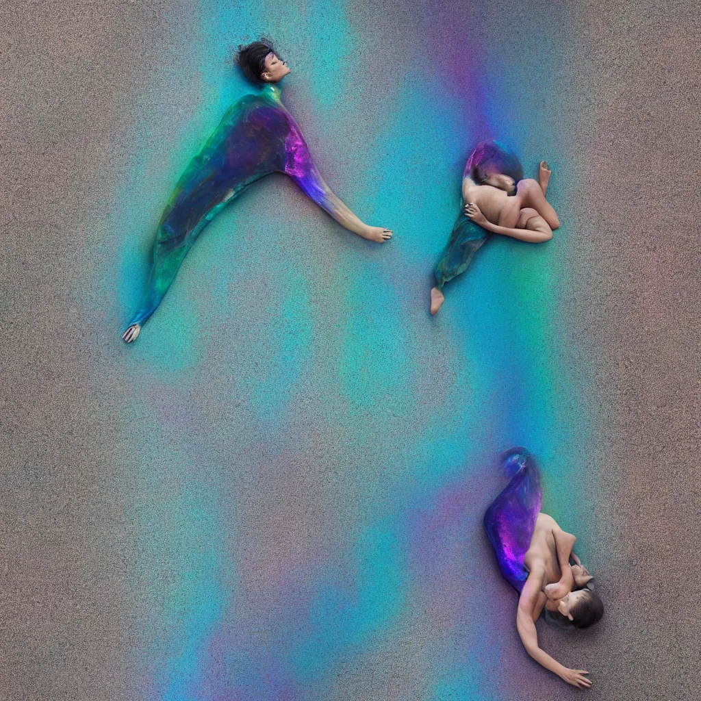 Image similar to overhead view of iridiscent oil slick and eroded stones with a woman's connected by a transparent pipe to a baby buried relaxing on yoga mat, faded, gradient, depth of field, ultra realistic, very detailed, glitch, by nadav kander, 8 k hyper realistic detailed cinematic