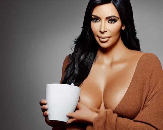 Image similar to Kim Kardashian coming out from a giant cup of coffee, cinematic, highly detailed, HD, 4K, professional image, professional lighting