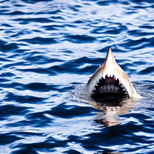 Prompt: photo of a shark fin above water, white background