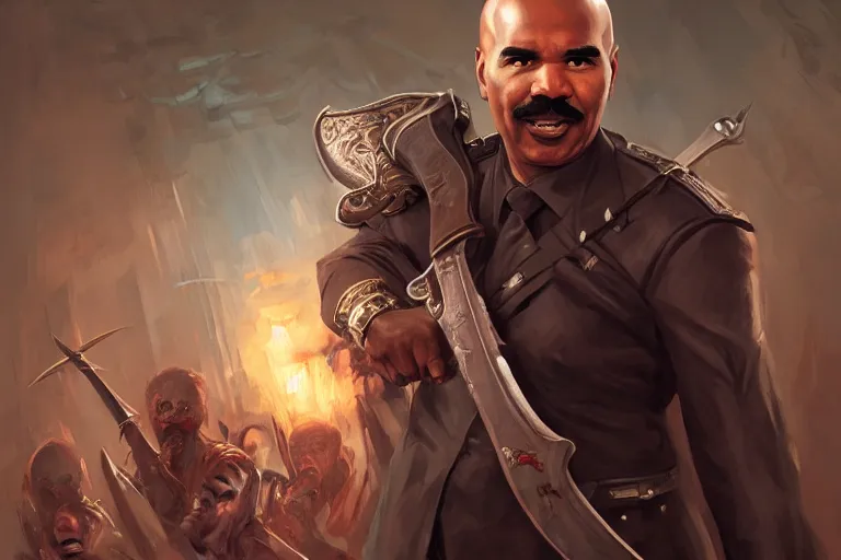 Image similar to portrait of steve harvey with a broadsword, fighting a zombie horde, charlie bowater, artgerm, ilya kuvshinov, krenz cushart, ruan jia, realism, ultra detailed, 8 k resolution