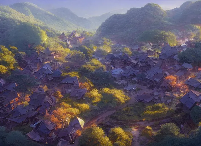 Image similar to concept art painting of a small woodland village in a valley seen from above, european japanese buildings, early morning, cel shaded, detailed, realistic, by makoto shinkai and moebius and greg rutkowski and james gurney