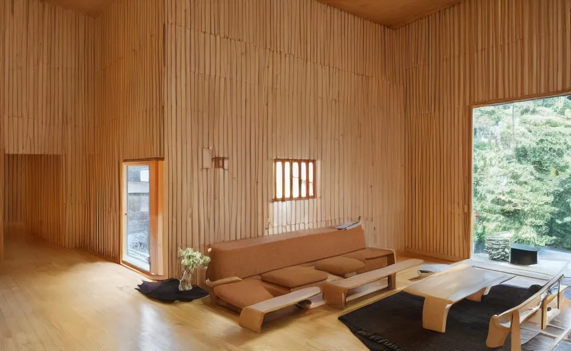 Image similar to luxurious wooden cottage by alvar aalto, modern Japanese living room, Japanese flower arrangements, coherent composition, architecturally accurate, architecture photography