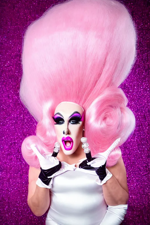 Image similar to 4k detailed portrait of a drag queen (man in drag) wearing: heavy drag makeup, pink glitter mermaid gown, white satin gloves, huge pink wig with bouffant hairdo and decorated with a hairbow, pink 7 inch high heels