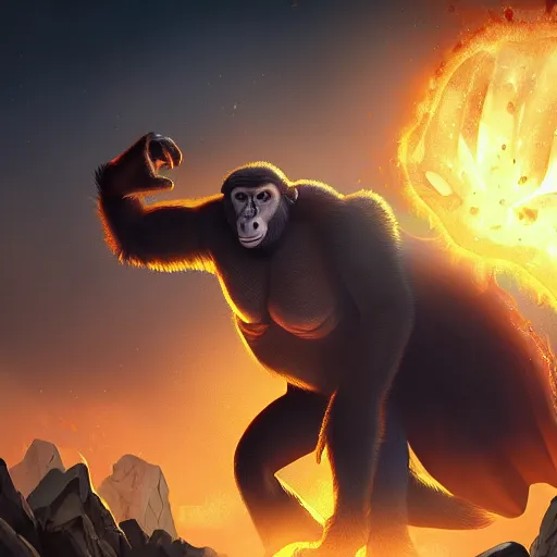 Image similar to fury art, an anthro ape wearing a large cape, exploding background, 3 d, 8 k, extremely detailed, trending on furaffinity, trending on artstation, award winning, sharp focus, illustration