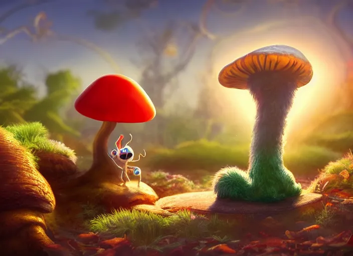 Image similar to a cute dr seuss creature sitting next to a mushroom, golden hour, fantasy, sharp focus, digital art, hyper realistic, 4 k, unreal engine, highly detailed, hd, dramatic lighting by brom, trending on artstation