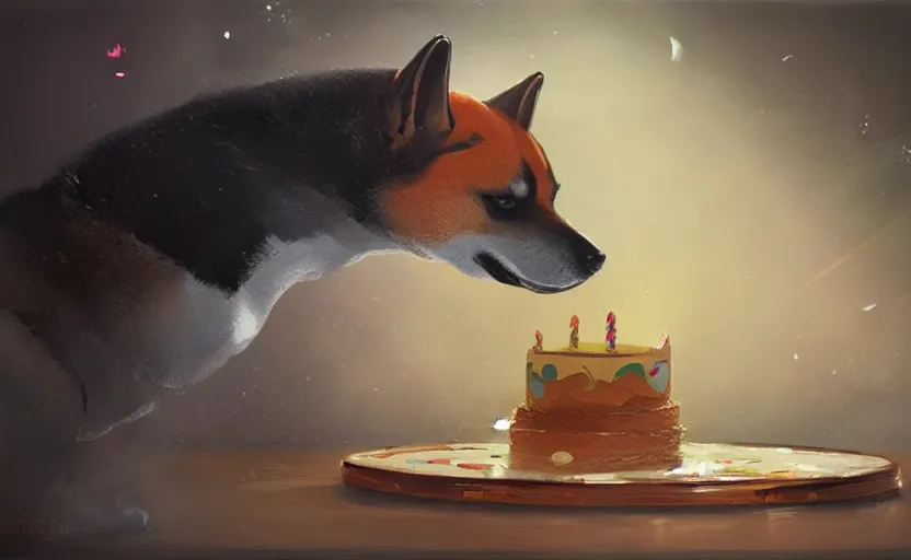 Prompt: a painting of a shiba and a birthday cake trending on artstation in the style of greg rutkowski