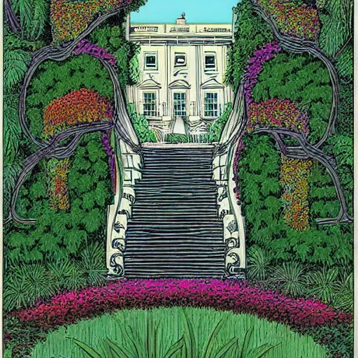 Prompt: old white house stairs into colorful lush garden, drawing moebius