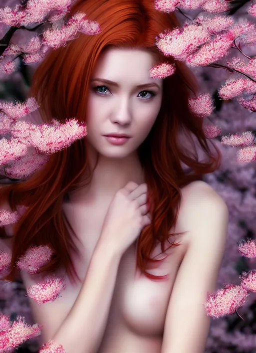 Image similar to photo of a gorgeous female with auburn hair in the style of stefan kostic, realistic, half body shot, sharp focus, 8 k high definition, insanely detailed, intricate, elegant, art by stanley lau and artgerm, extreme blur cherry blossoms background